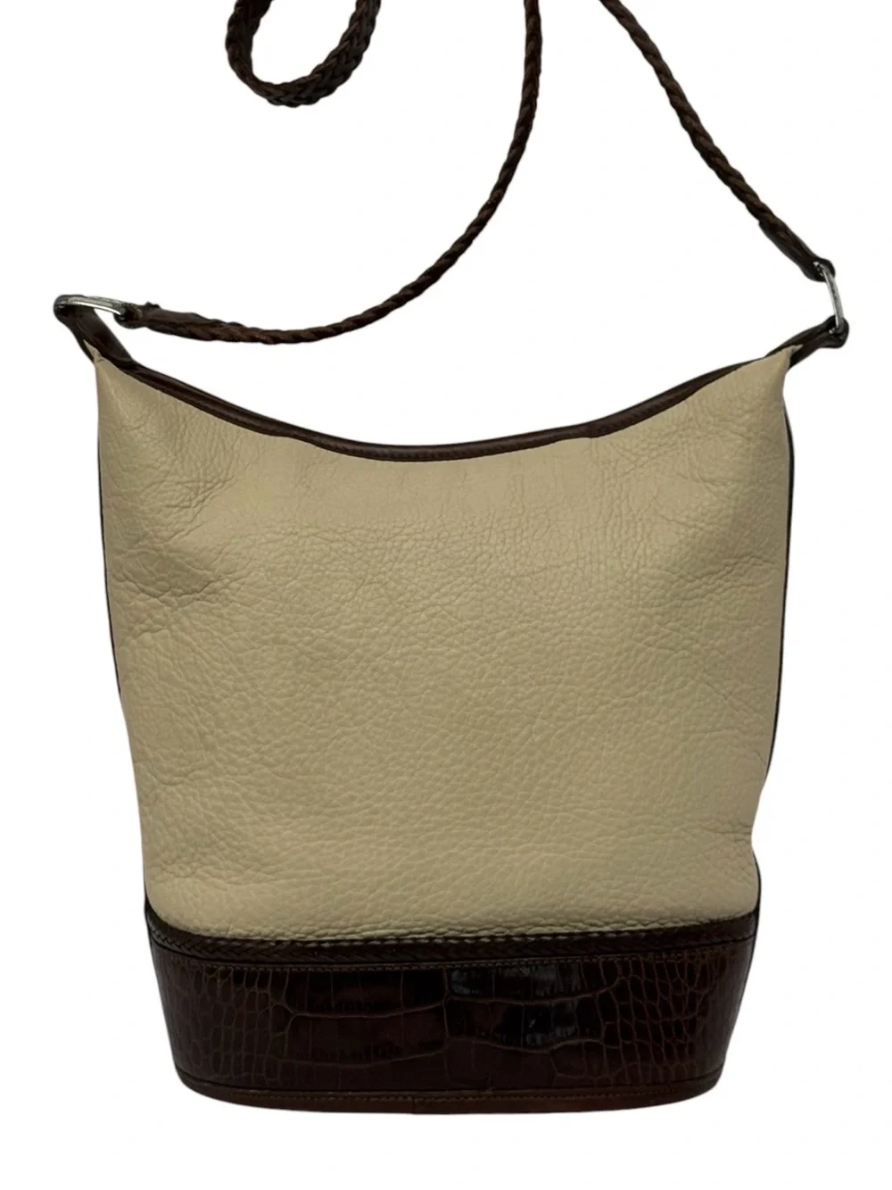 Vintage 1996 Brighton Beige Croc Leather Bucket Crossbody Purse w/Braided Strap